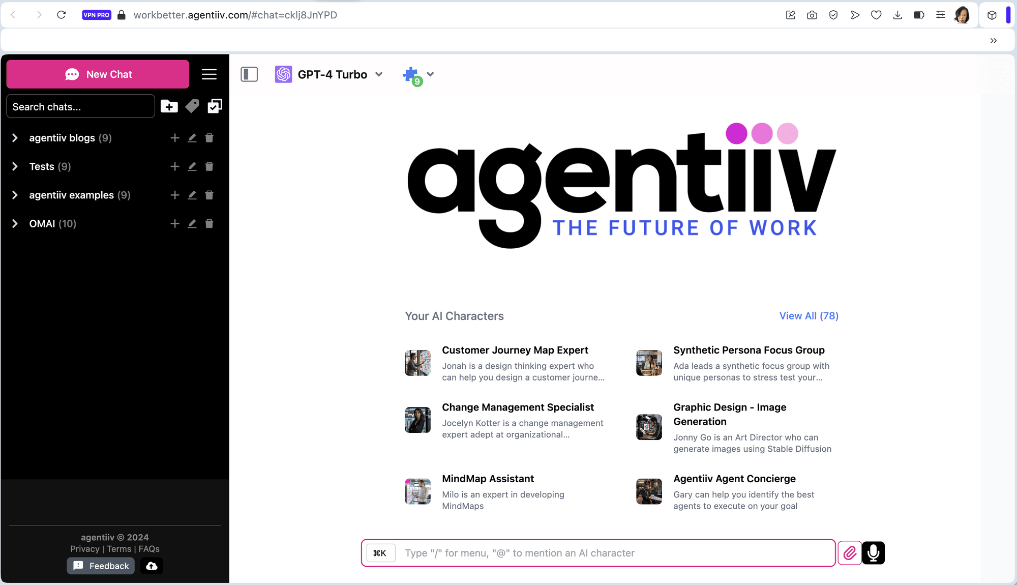 Screenshot of the Agentiiv AI platform, showing a chat interface on the left and a gallery of AI agents on the right. The Agentiiv logo is prominently displayed with the tagline "THE FUTURE OF WORK". The AI agents shown include a Customer Journey Map Expert, Synthetic Persona Focus Group, Change Management Specialist, Graphic Design - Image Generation, MindMap Assistant, and Agentiiv Agent Concierge, each with a brief description of their capabilities.