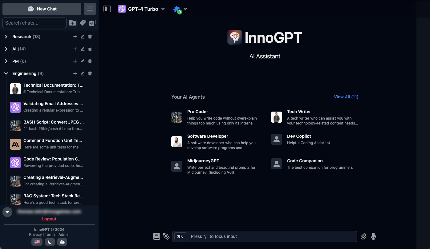 A dark-themed interface of an AI assistant application named InnoGPT is displayed. On the left sidebar, there are categorized chat tabs including Research, AI, PM, and Engineering. Under Engineering, various chats like "Validating Email Addresses" and "BASH Script: Convert JPEG" are visible. On the right side, a section titled "Your AI Agents" lists different agents like Pro Coder, Tech Writer, and Software Developer, each with a brief description of their roles. The top bar shows the user is connected to "GPT-4 Turbo."