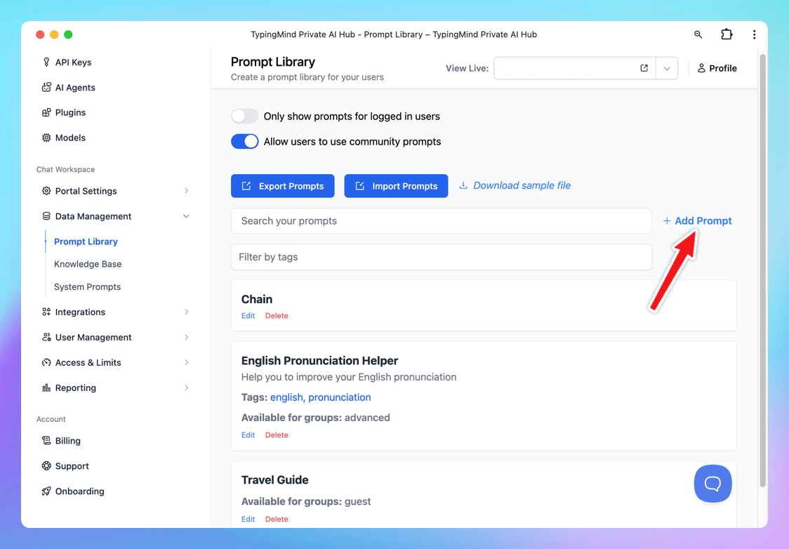 Built-in Prompts for your chat instance