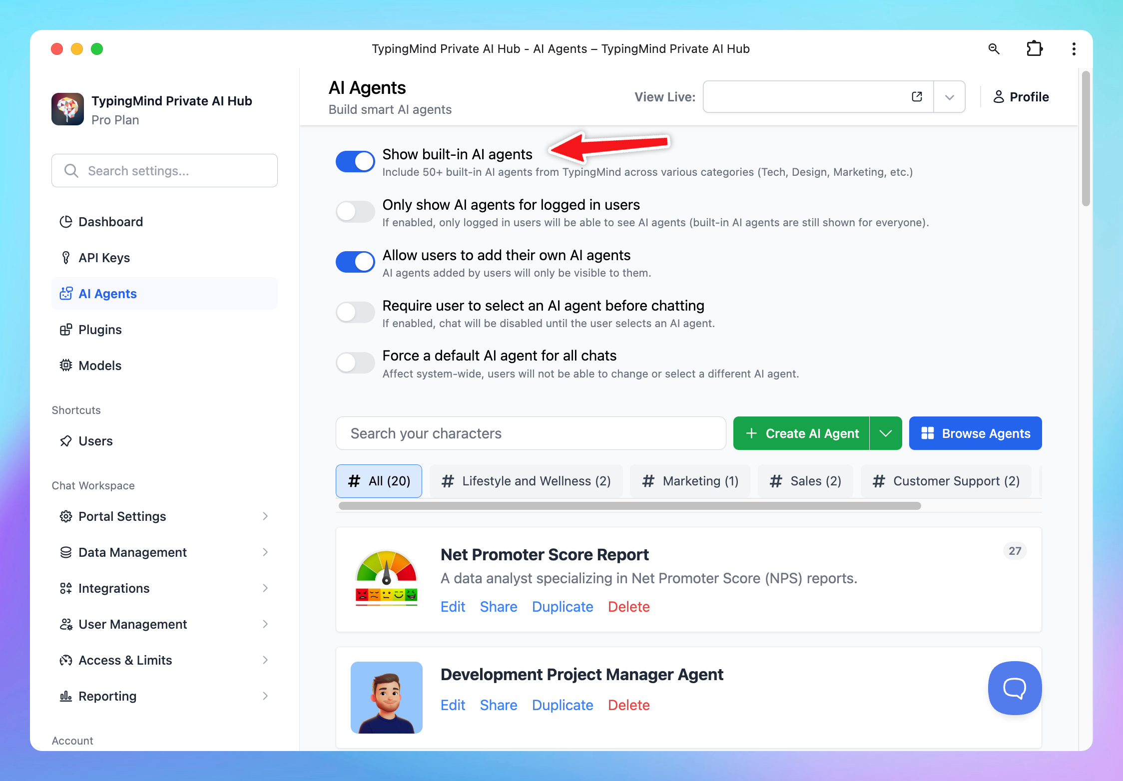 Manage AI agents for your chat interface