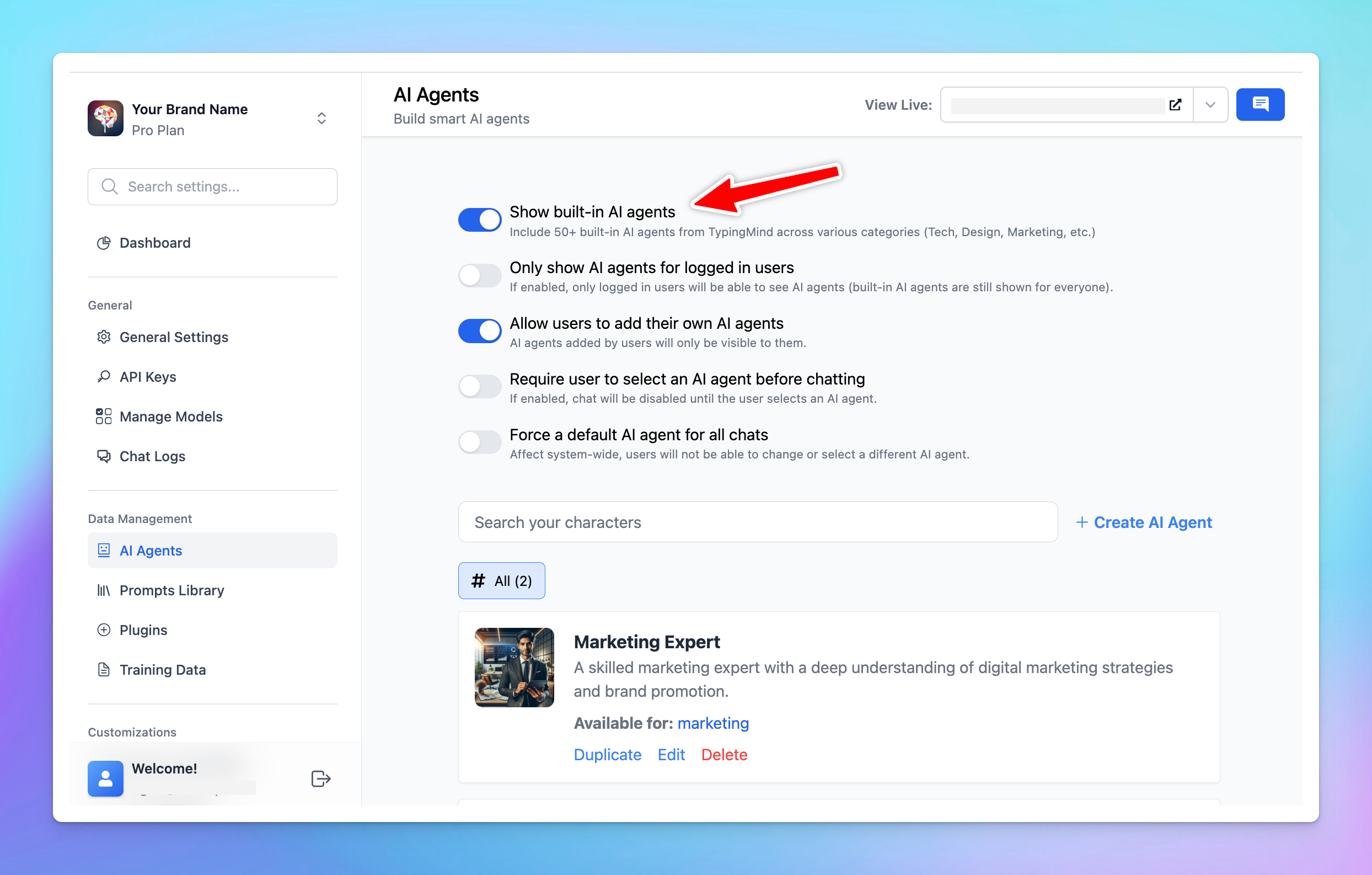 Manage AI agents for your chat interface