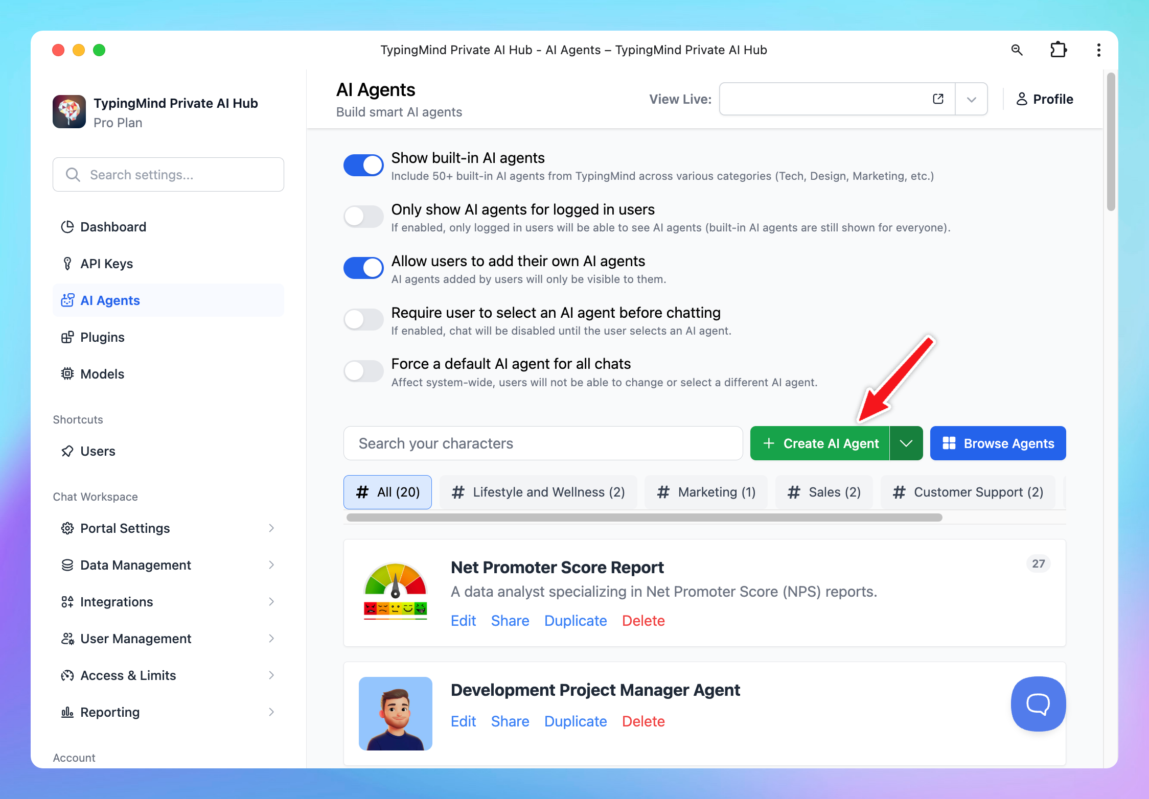 Manage AI agents for your chat interface