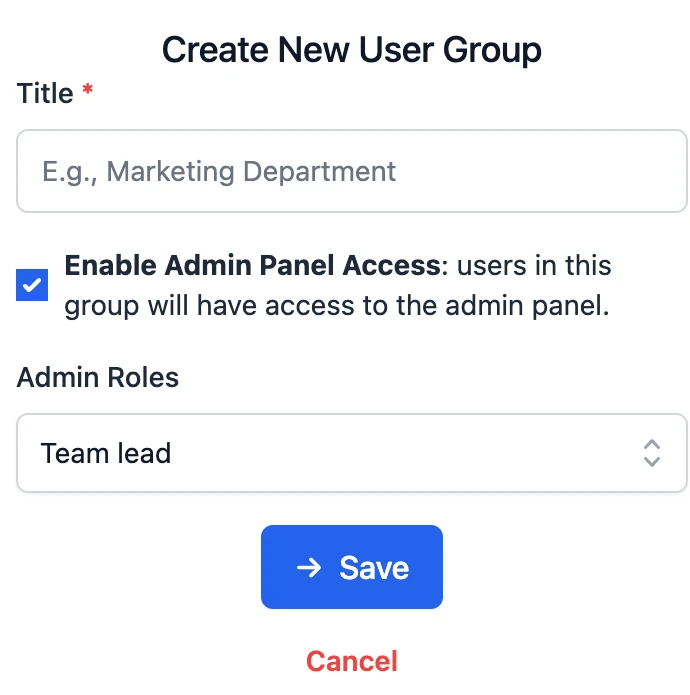 Create New User Group dialog with admin panel access and an admin role