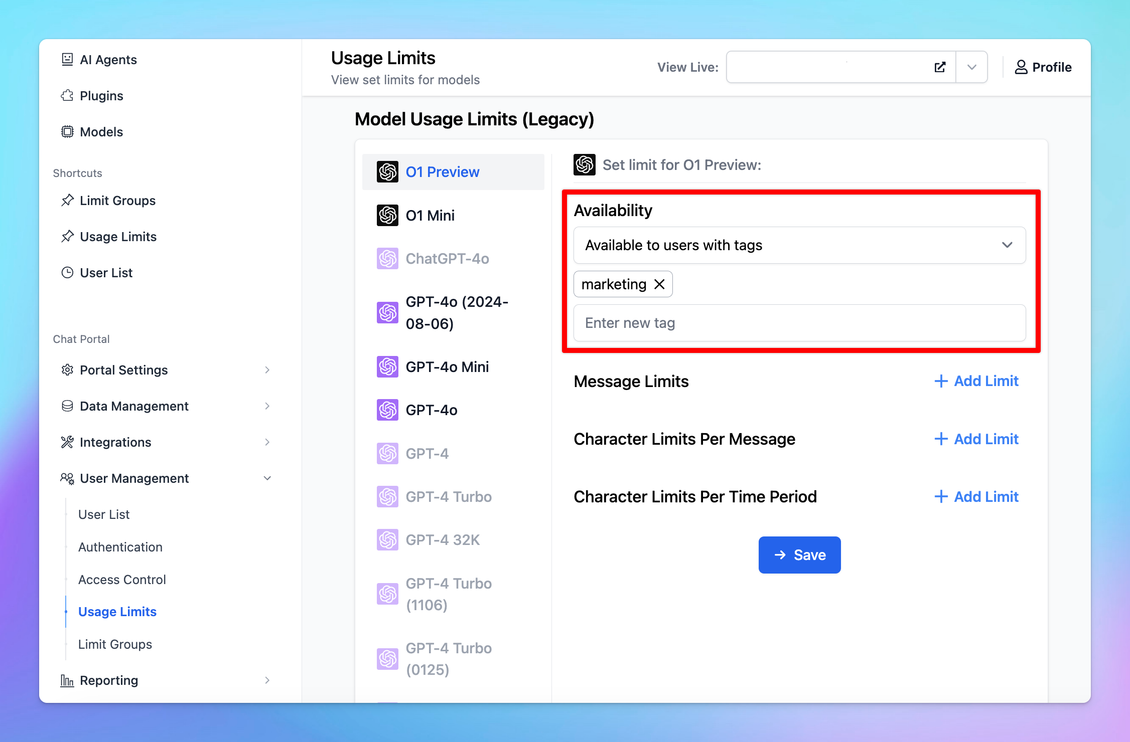 Limit the model usage by number of messages or characters