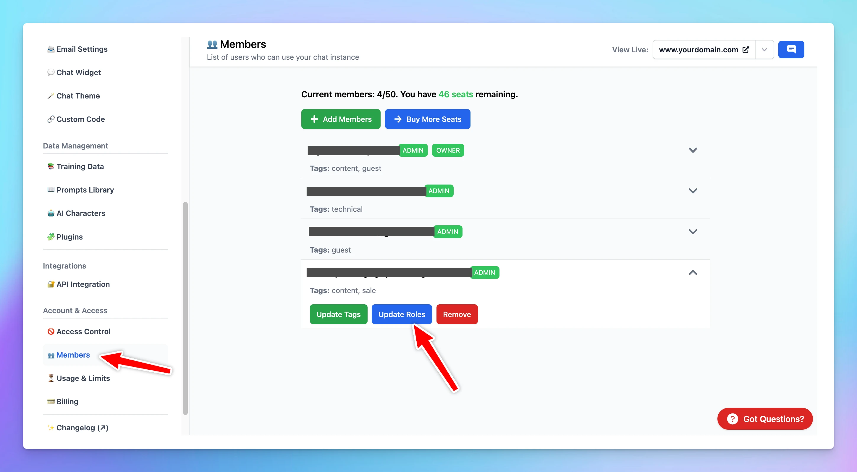 Managing seats and member roles in your chat instance