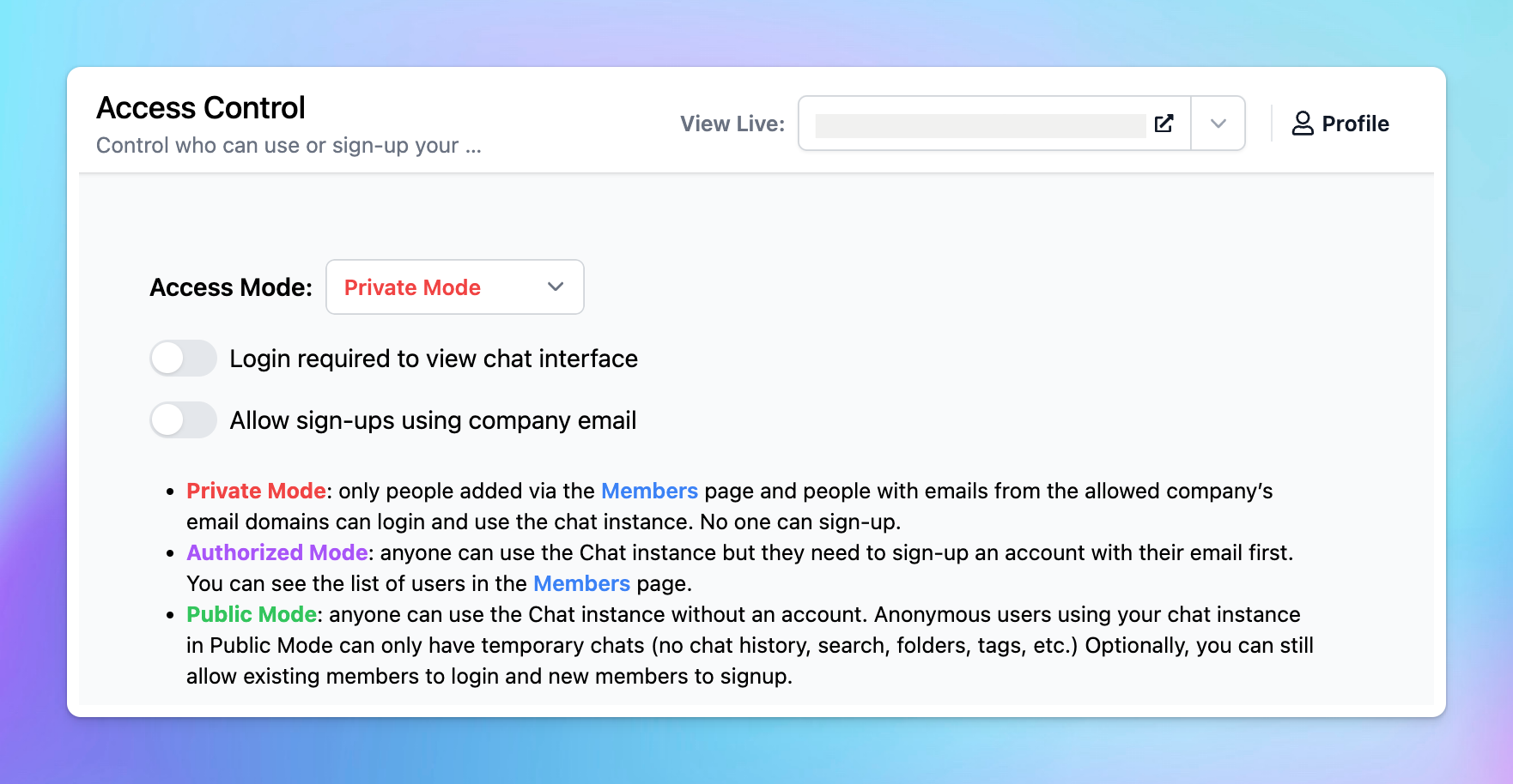 Control access for your chat instance