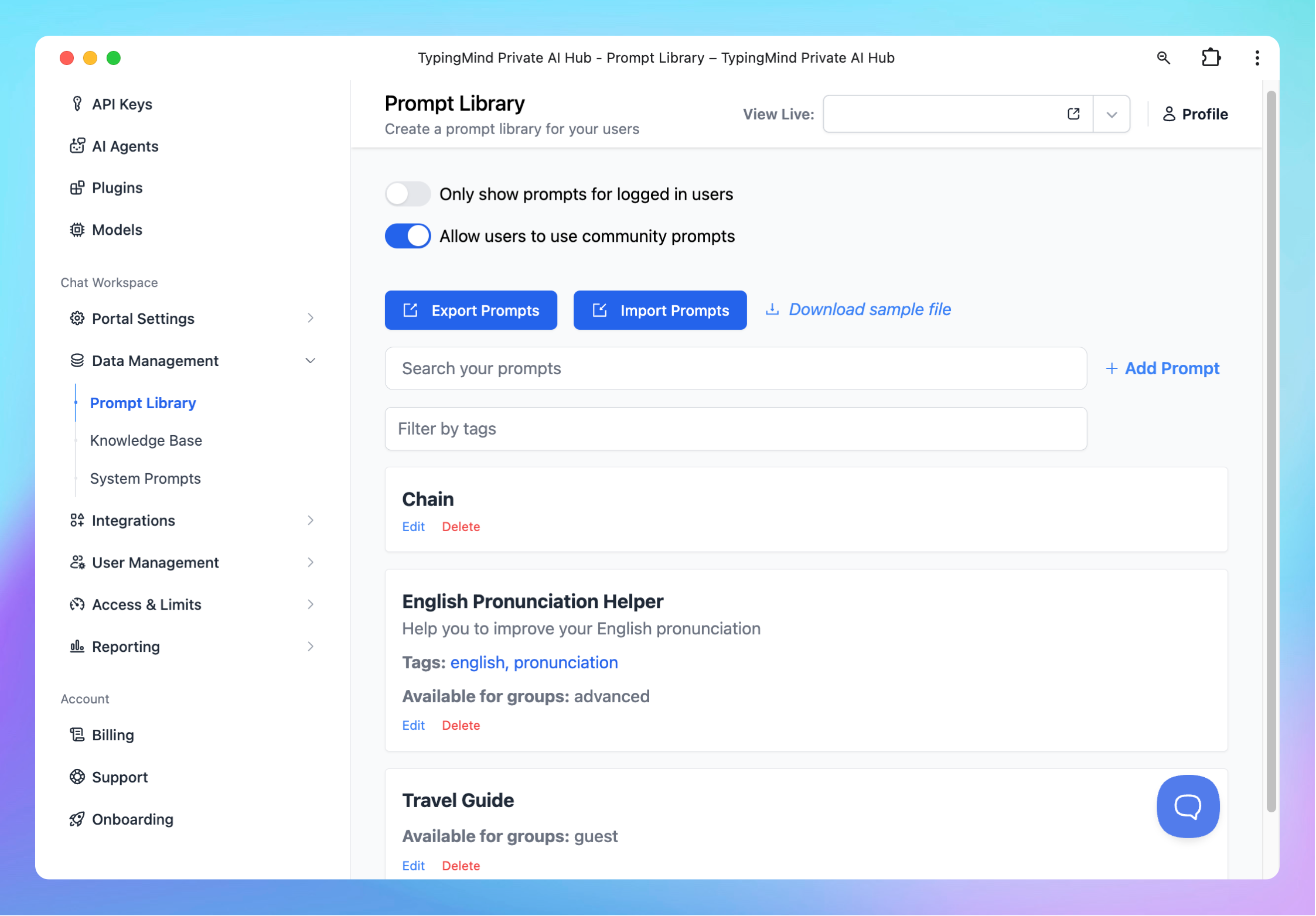 Built-in Prompts for your chat instance