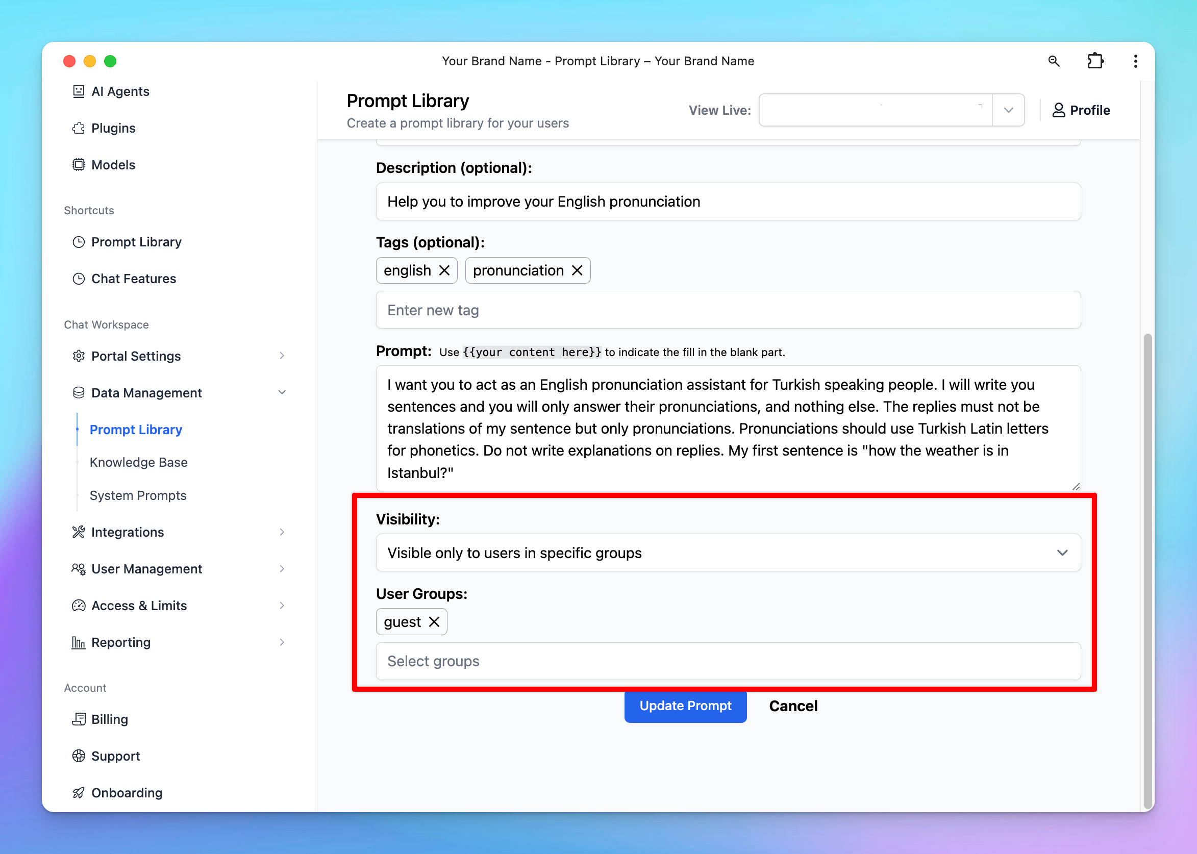 Built-in Prompts for your chat instance