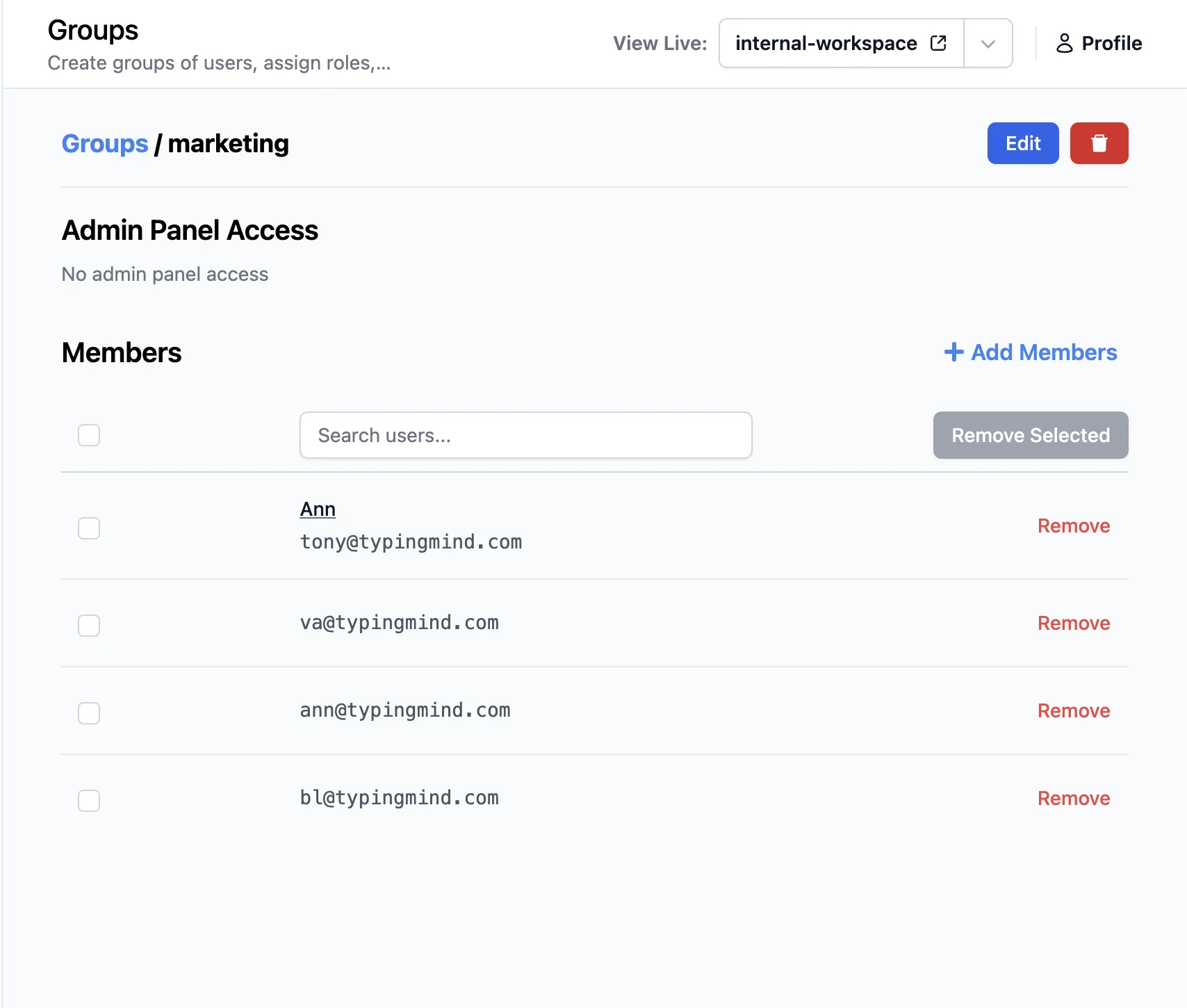 Admin panel access and members listed on a user group