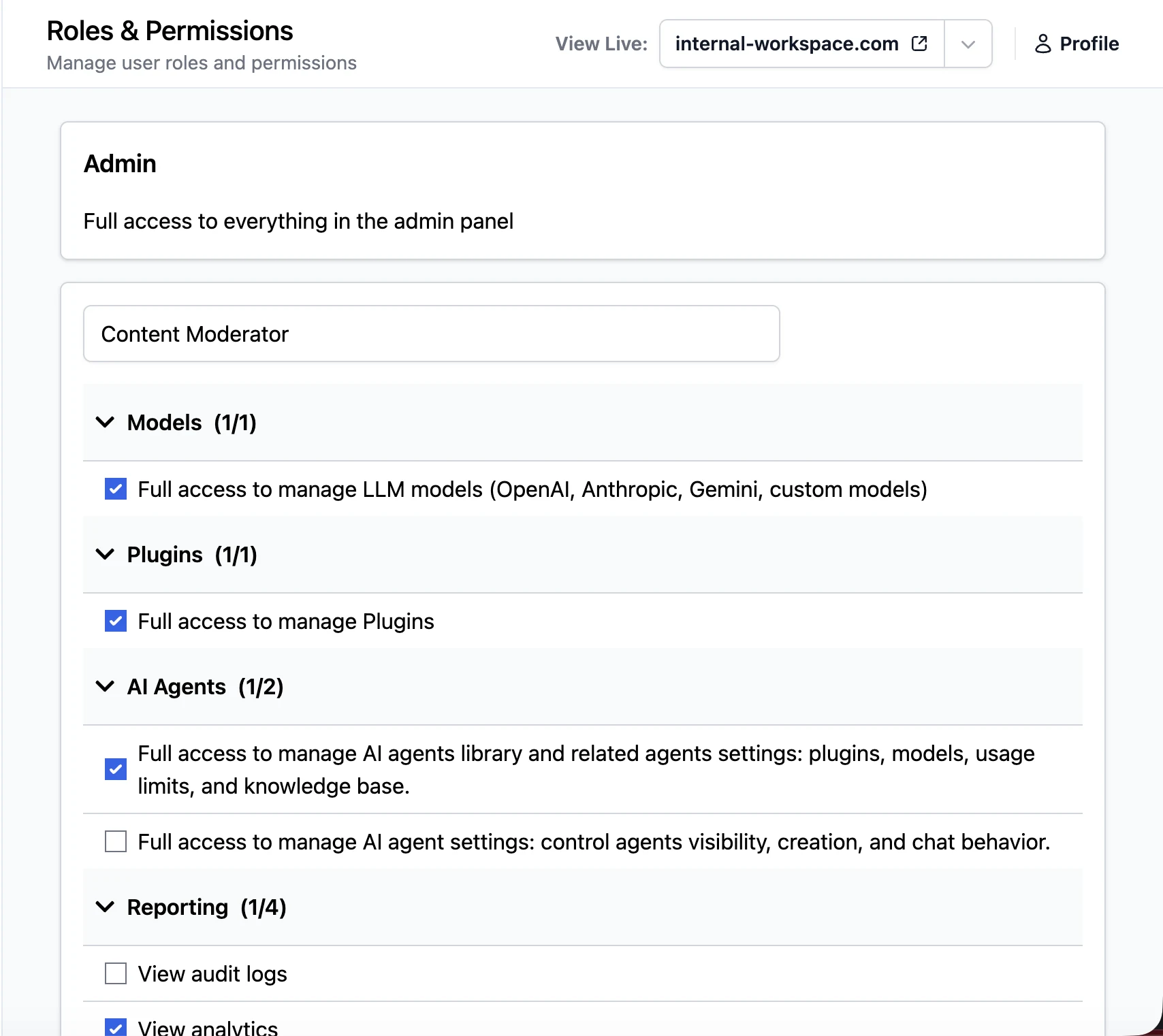 Permission checkboxes grouped by area in the role editor