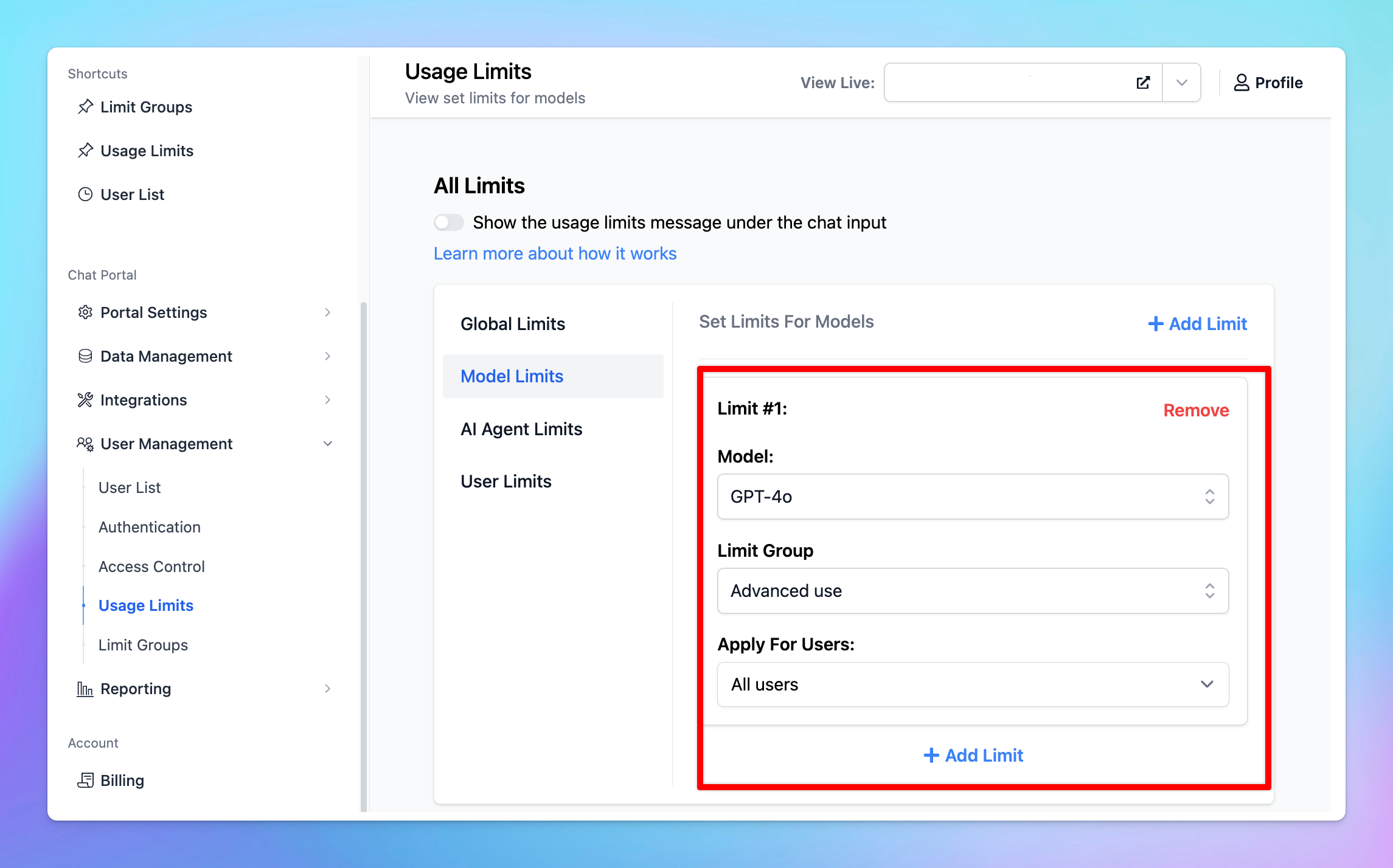 Limit the model usage by number of messages or characters