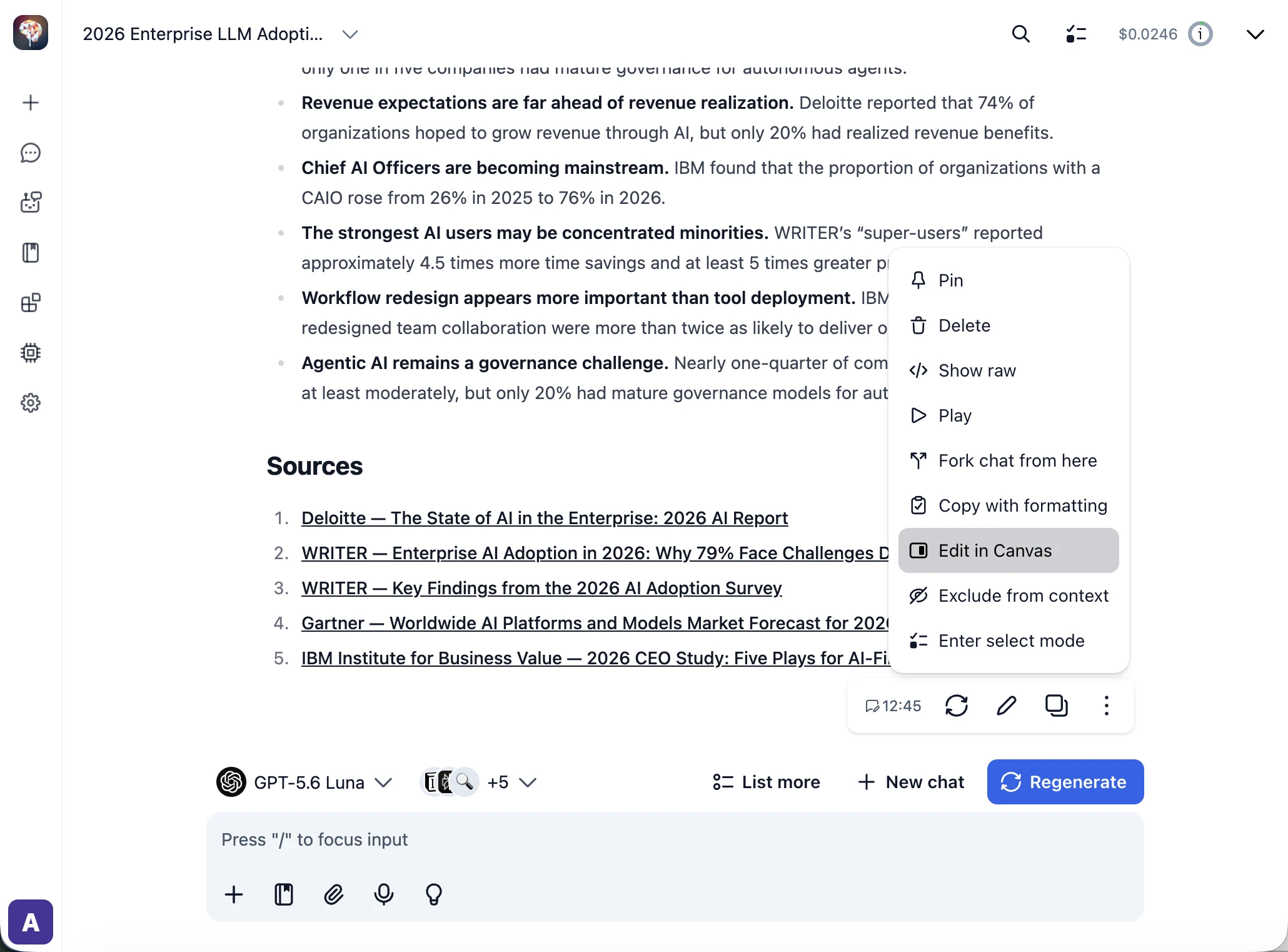 Opening an AI response in the canvas from the message menu