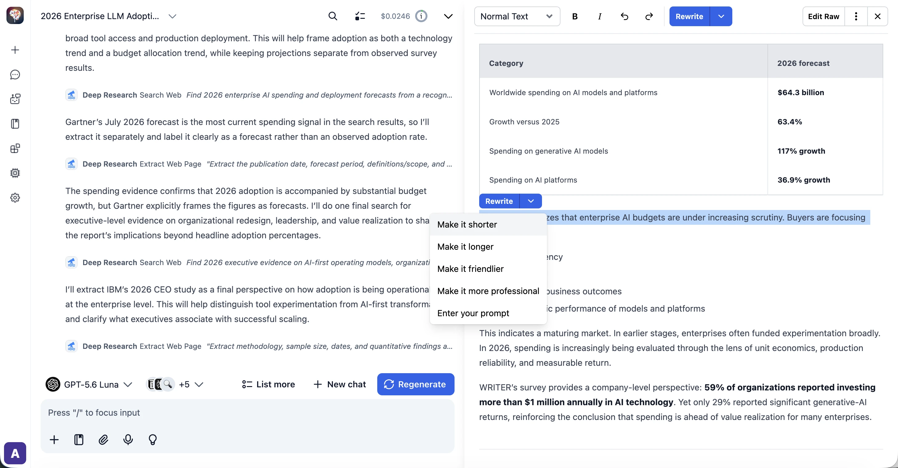 Rewrite options for a selected passage in the canvas