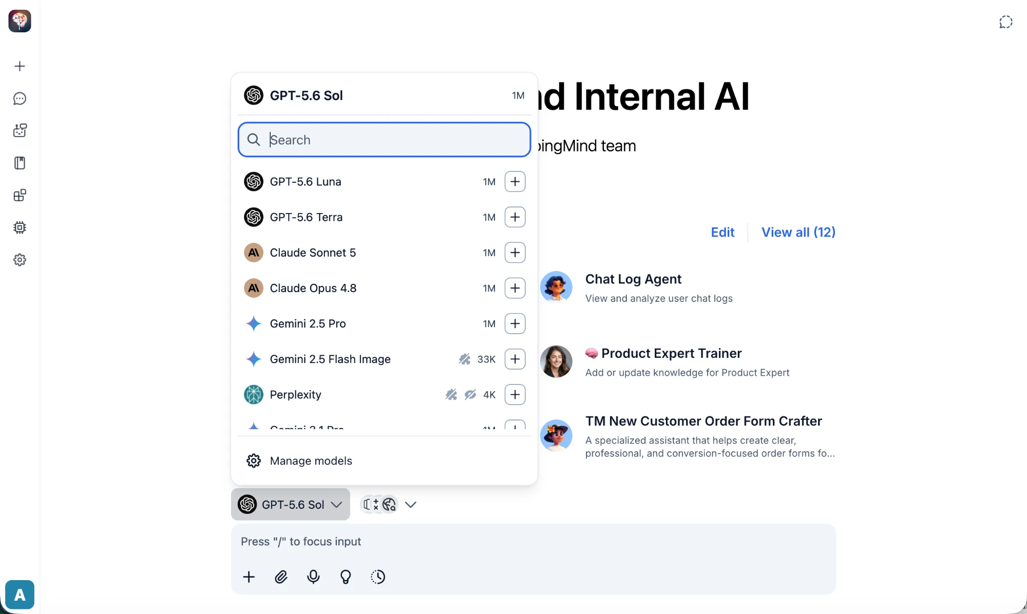Approved AI models available in the TypingMind model picker